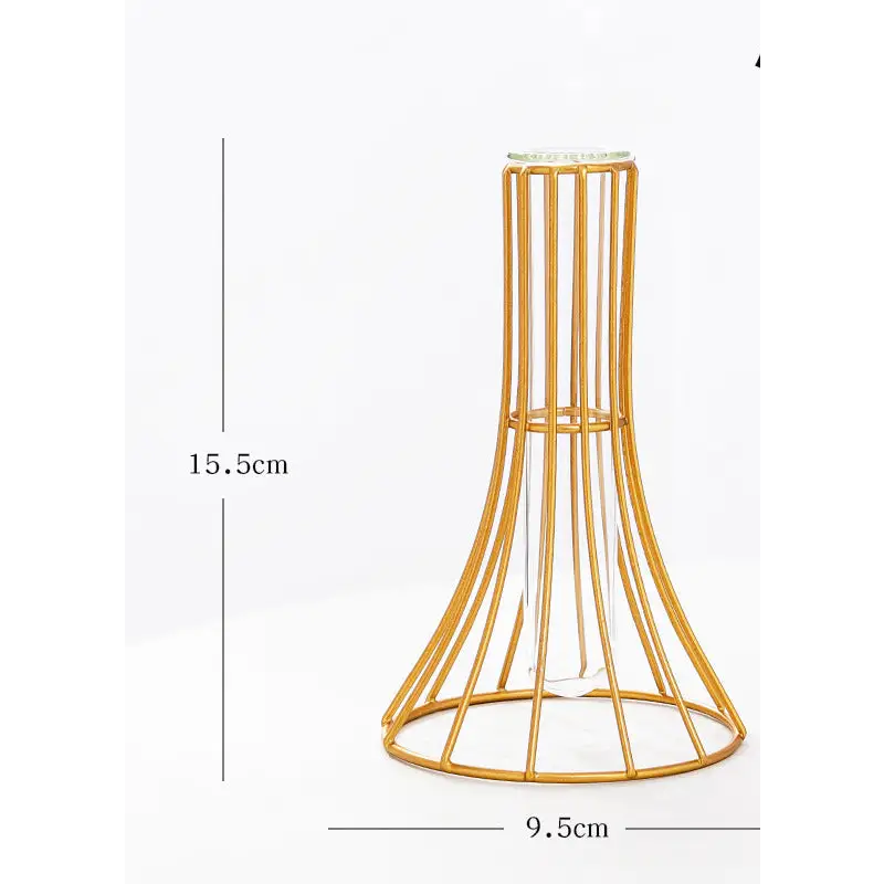 Gold wireframe vase with glass insert.
