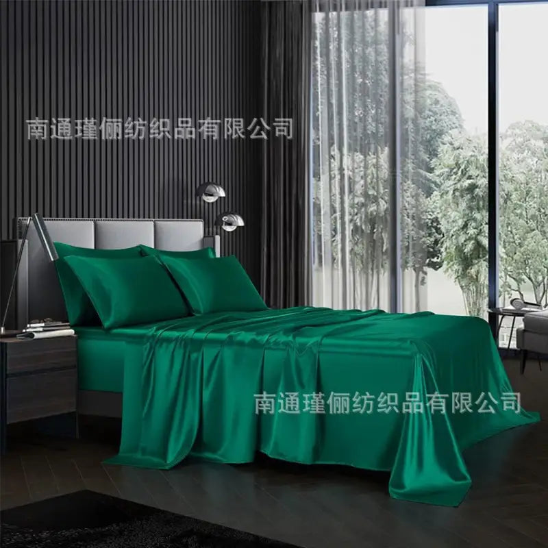 Emerald green satin bedsheets.
