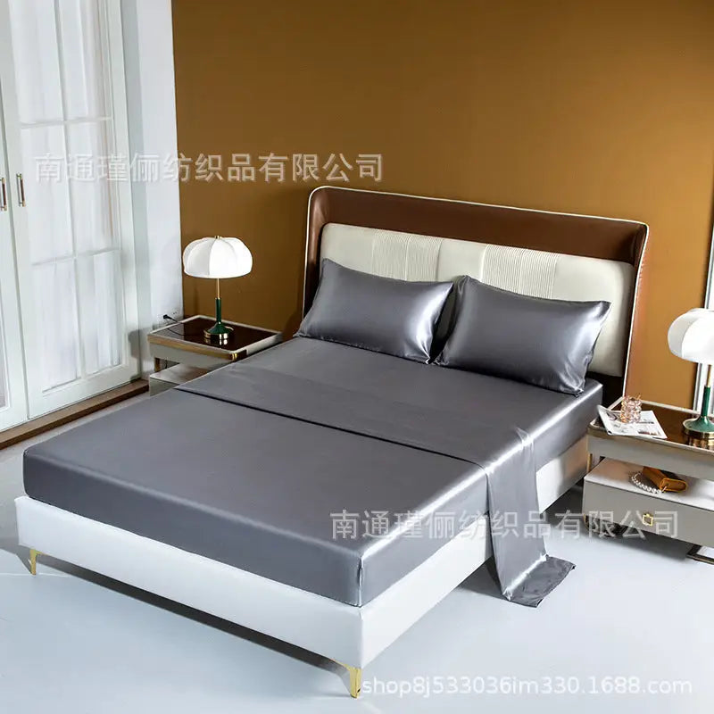 Gray silk bedsheet set.