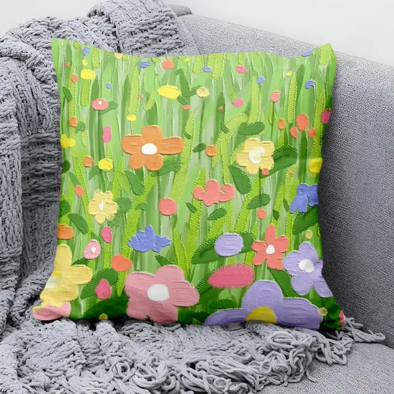 Floral-patterned decorative pillow.