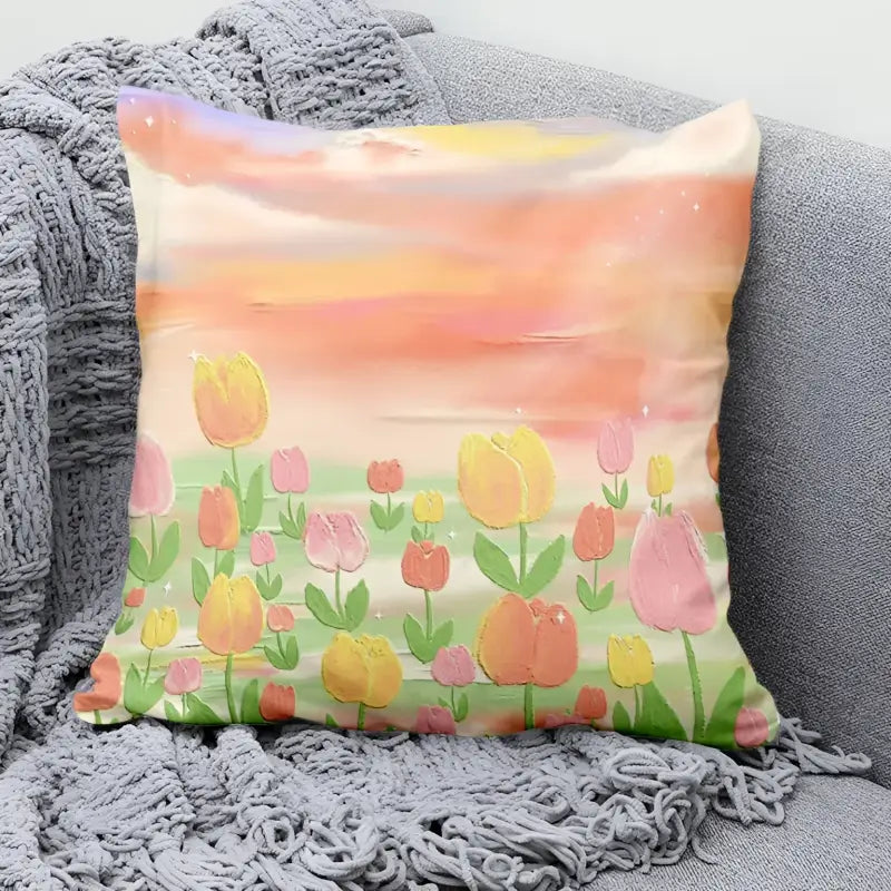 Tulip-themed decorative pillow.