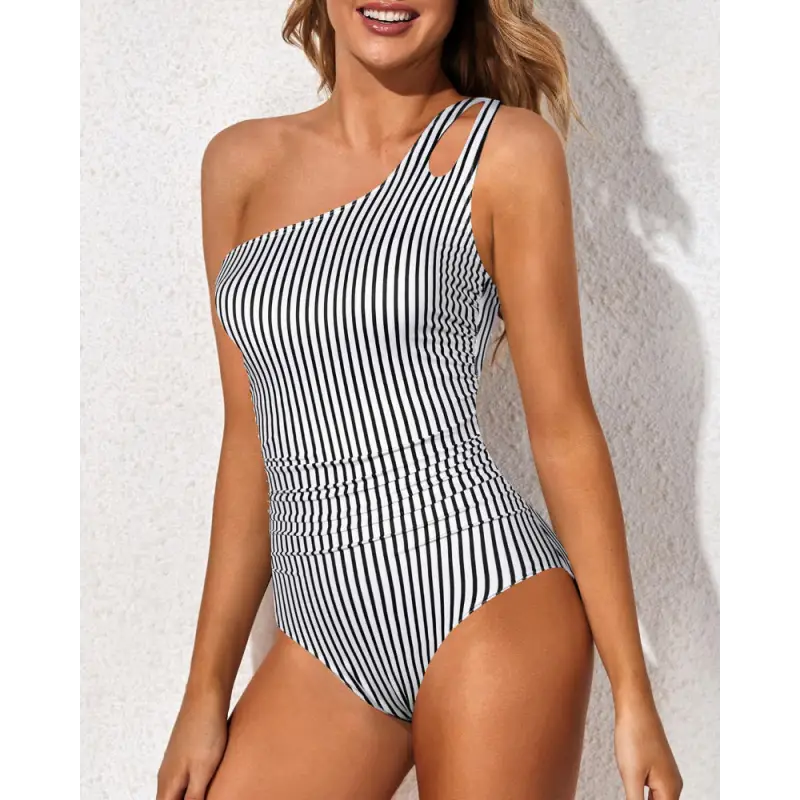 Striped one-shoulder swimsuit.