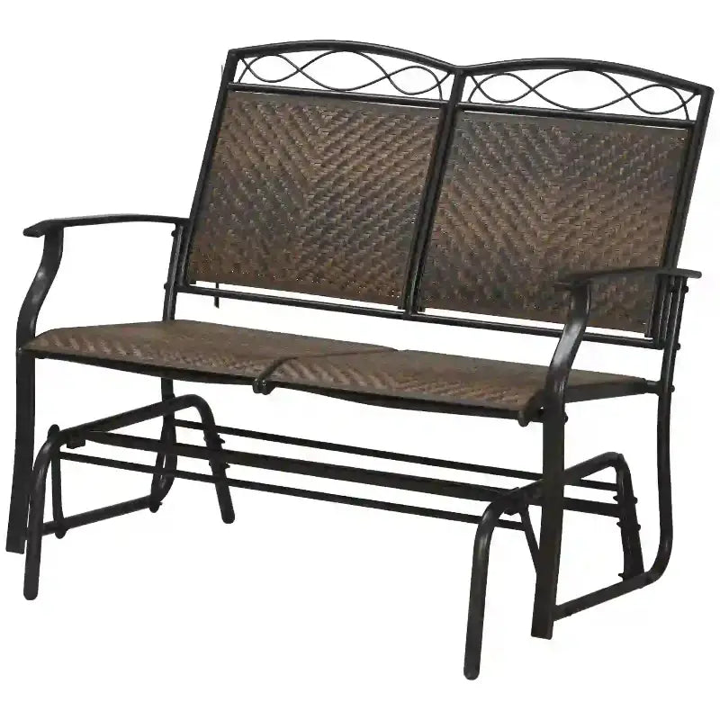 Outdoor glider loveseat with wicker and metal frame, perfect for outdoor seating