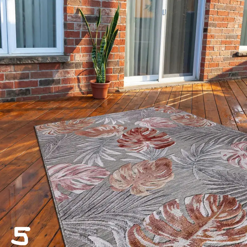 Gray and pink leaf-patterned rug for outdoor Nordic geometric foliage tropical plant patio