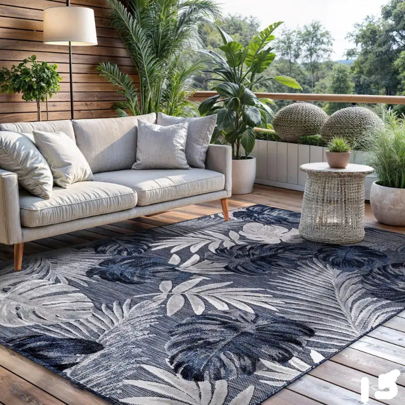 Botanical-patterned area rug with nordic geometric foliage for tropical plant patio decor