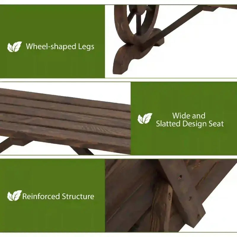 Wooden garden bench features of the Outdoor Wagon Wheel Bench, a unique 2-person outdoor wagon wheel bench