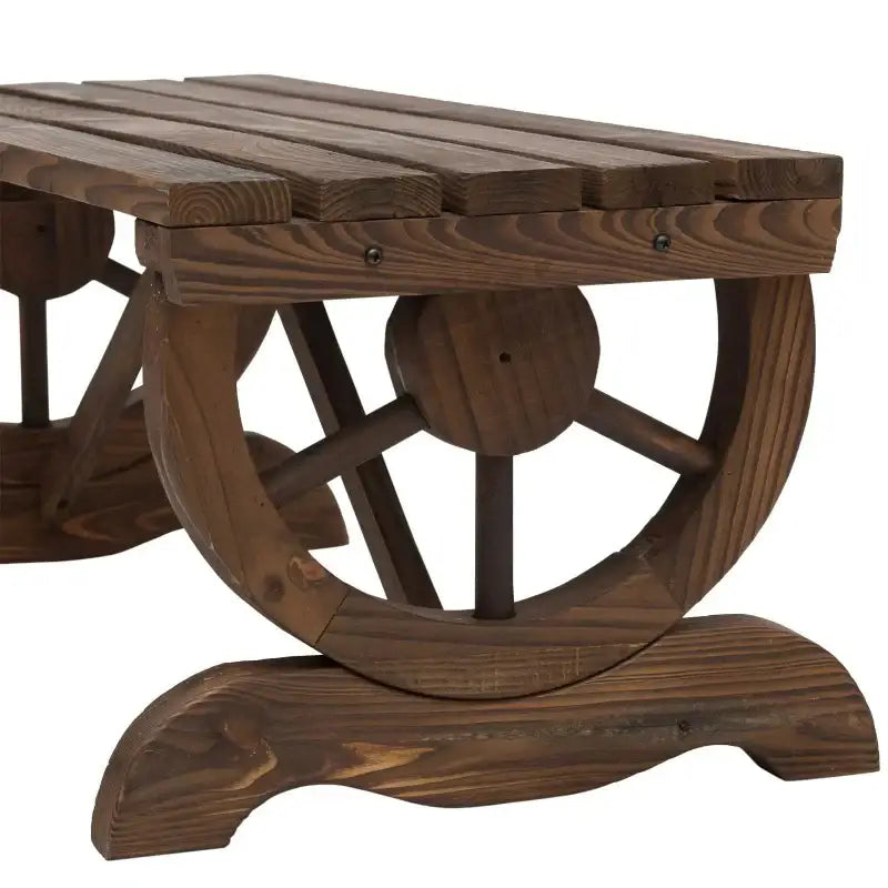Outdoor Wagon Wheel Bench featuring Wooden Seat and Wagon Wheel Supports for decorated outdoor spaces