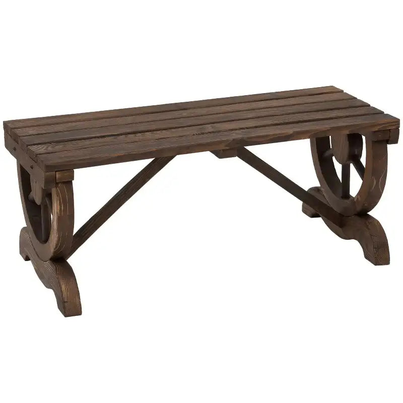Rustic wooden outdoor wagon wheel bench perfect for outdoor seating and unique 2-person outdoor wagon setups