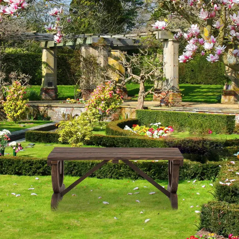 Wooden folding table with Outdoor Wagon Wheel Bench, a unique 2-person outdoor wagon wheel bench seat