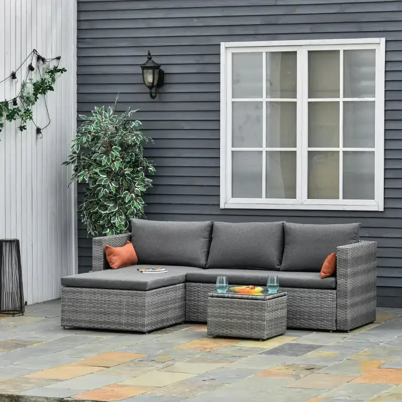 Gray wicker outdoor sectional sofa from 3 Piece Patio Furniture Set with loveseat and chaise lounge