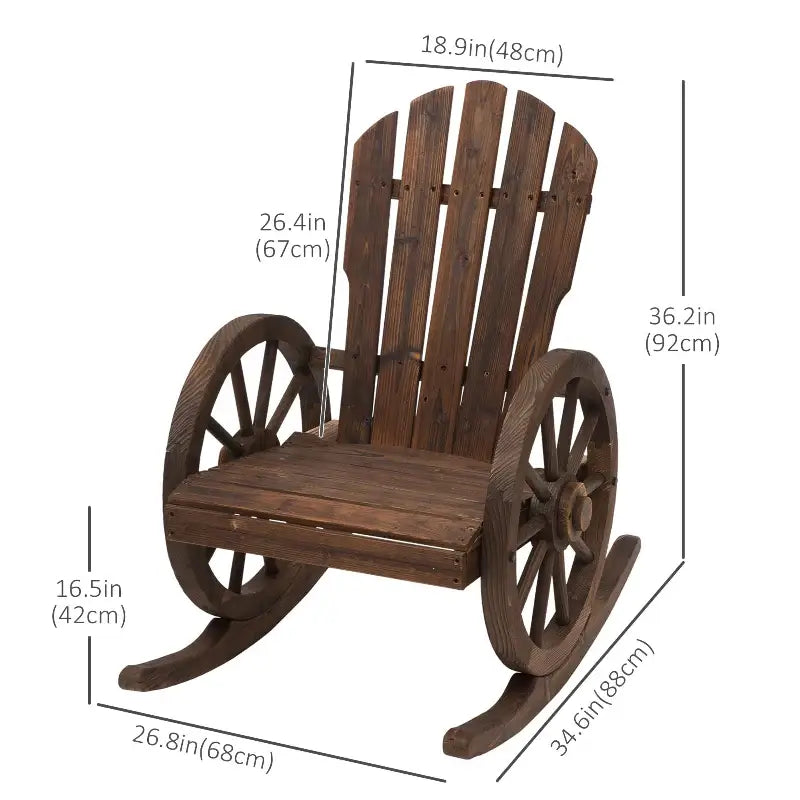 Wooden wagon wheel patio rocking chair with wheel accents and dimension labels