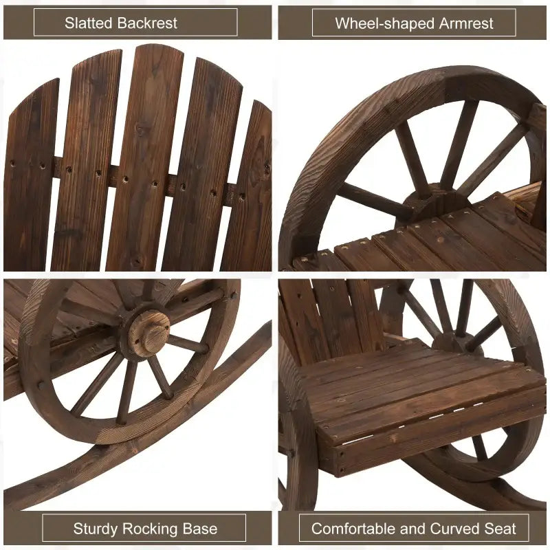 Wooden wagon wheel patio wooden wagon rocking chair with wheel-shaped armrests