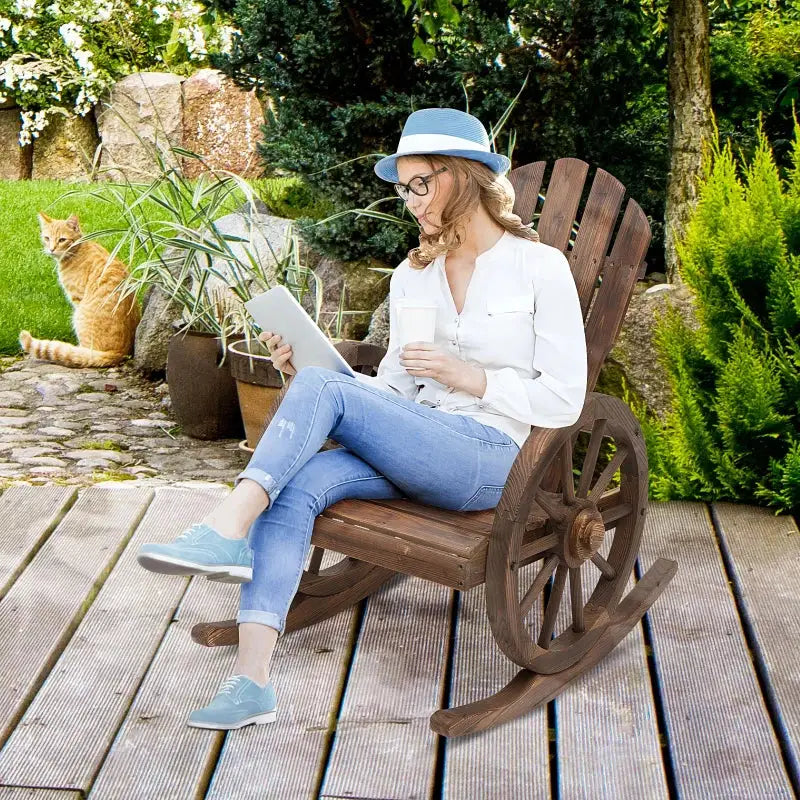 Patio wooden wagon wheel rocking chair with rustic wooden wagon wheel sides