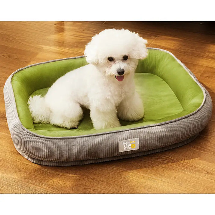 Cozy pet bed for a furry friend with a fluffy white dog relaxing comfortably