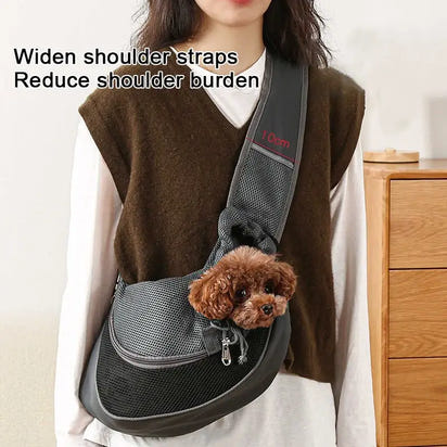 Gray mesh dog carrier backpack with brown poodle for pet cat dog travel tote use