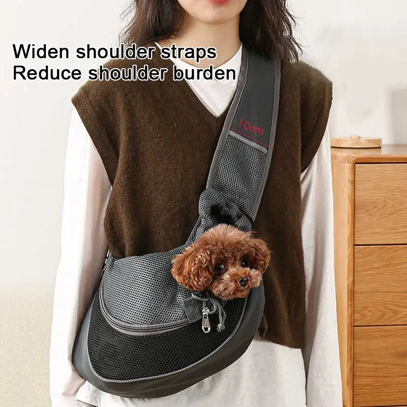 Gray mesh dog carrier backpack with brown poodle for pet cat dog travel tote use