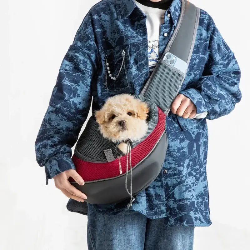 Person carrying a dog in a pet dog carrier backpack Travel Tote for easy travel