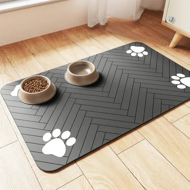 Gray Pet Feeding Mat with Paw Prints for Easy Pet Dining and Spill Protection
