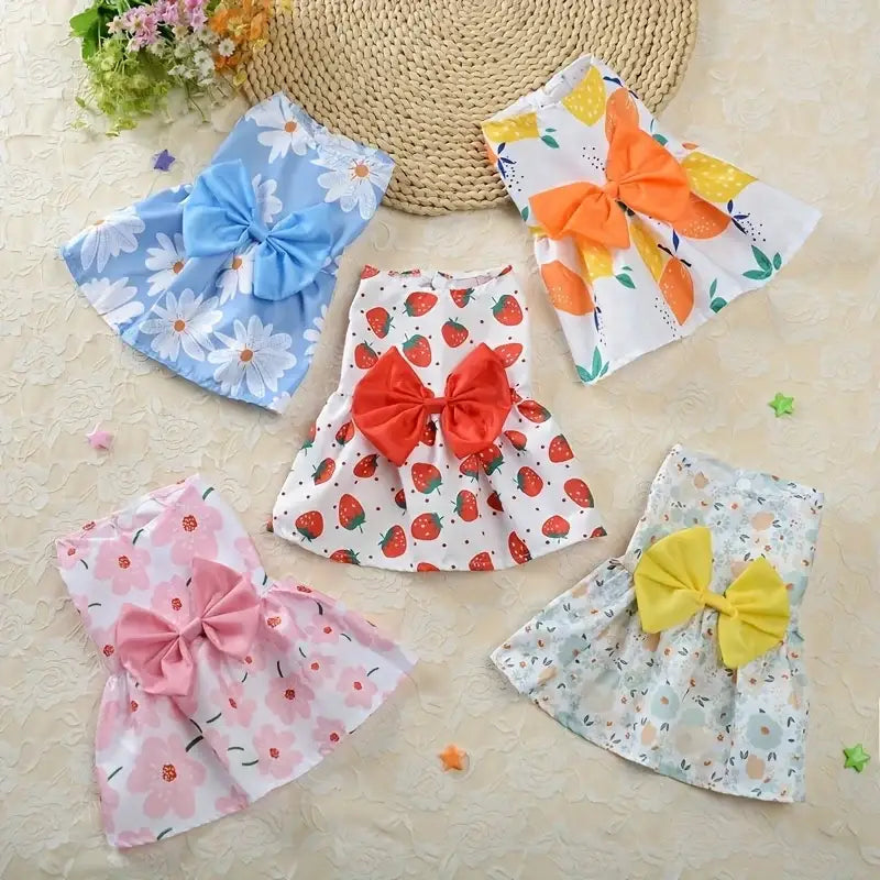 Colorful patterned pet floral dress with bows, perfect for stylish floral dress outfits