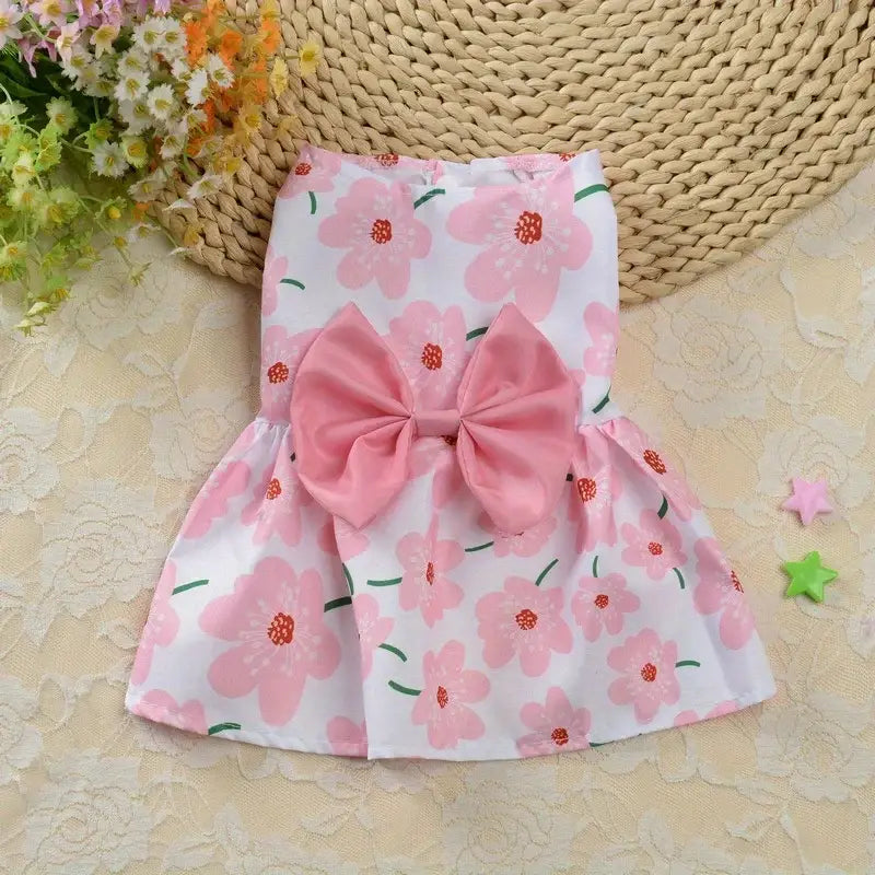Pink floral dog dress with bow from Pet Floral Dress collection, perfect pet floral wear