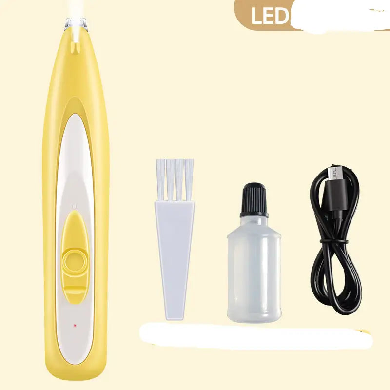 Yellow electric pet foot shaver with accessories, ideal for grooming your pet’s foot