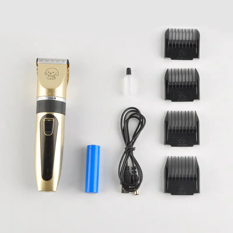 Gold and black pet grooming kit with pet hair shaver and trimming grooming tool