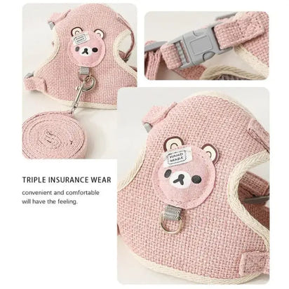 Pink bear-themed pet harness for cats and dogs with an adjustable pet leash and 120cm dog harness length