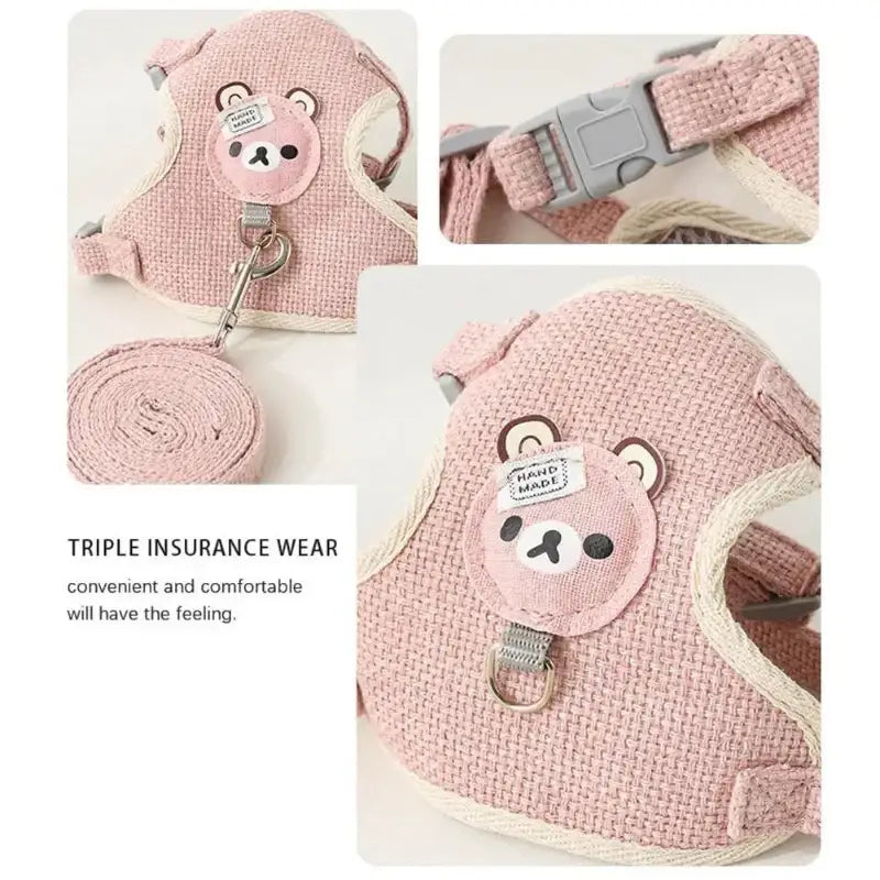 Pink bear-themed pet harness for cats and dogs with an adjustable pet leash and 120cm dog harness length