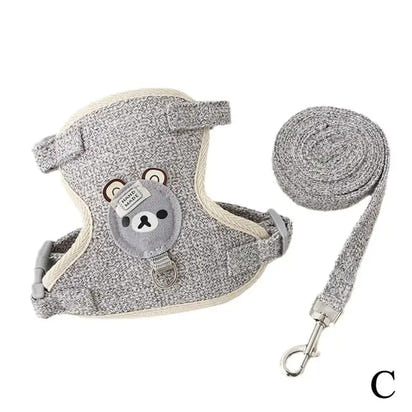 Gray bear-themed dog harness and adjustable pet leash for cats and dogs, 120cm length