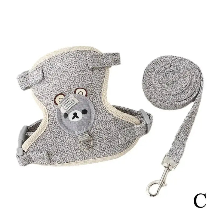 Gray bear-themed dog harness and adjustable pet leash for cats and dogs, 120cm length