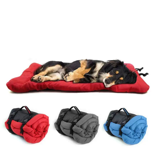 Portable dog bed with rolled-up travel options on Pet Outdoor Portable Waterproof Mat