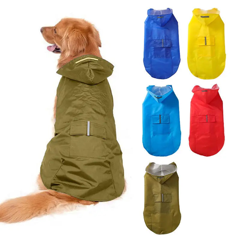 Dog wearing a stylish pet raincoat among other raincoats, perfect for rainy days