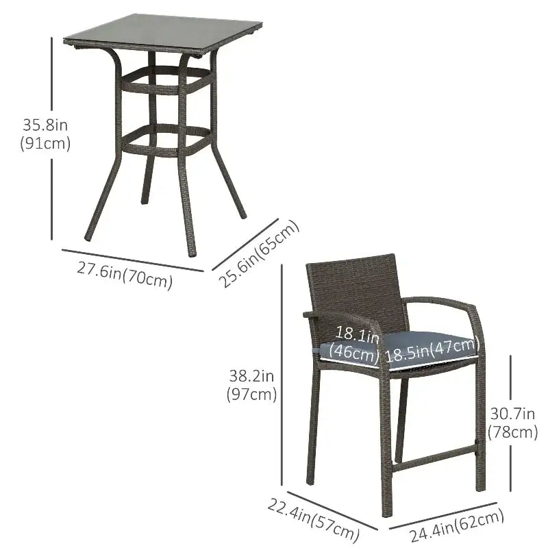 Outdoor bar table and chair set with dimensions.