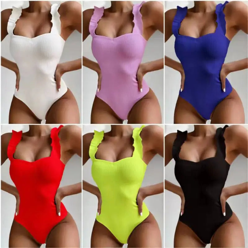 Ruffled strap one-piece swimsuits.