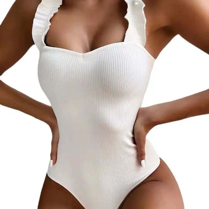 White ribbed one-piece swimsuit.
