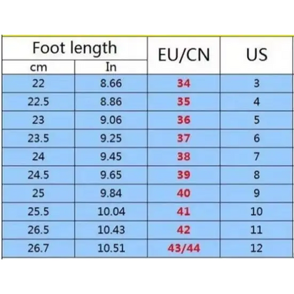 Shoe size conversion chart for Platform Round Toe Sandals featuring round toe design