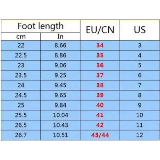 Shoe size conversion chart for Platform Round Toe Sandals featuring round toe design
