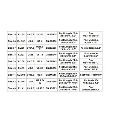 Shoe size chart for playfully stylish sandals with metal buckle accents and platform design