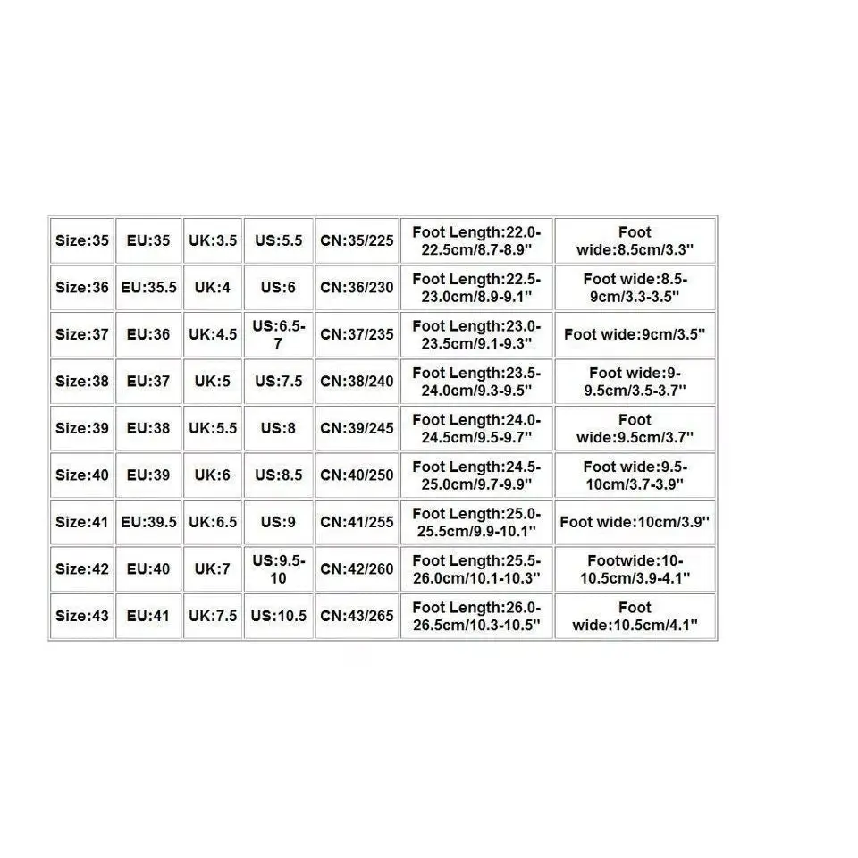 Shoe size chart for playfully stylish sandals with metal buckle accents and platform design