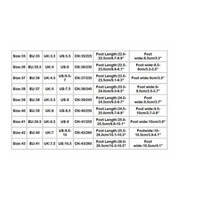 Shoe size chart for playfully stylish sandals with metal buckle accents and platform design