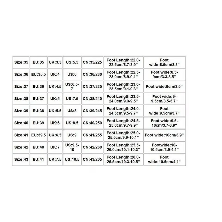 Shoe size chart for playfully stylish sandals with metal buckle accents and platform design
