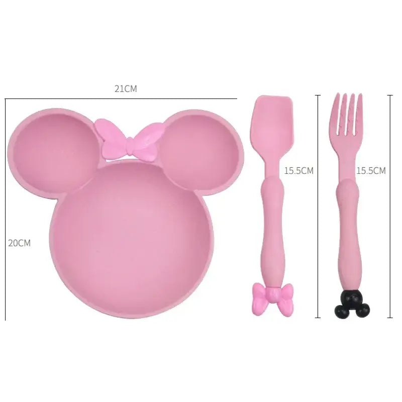 Pink Minnie Mouse plate and utensils set.