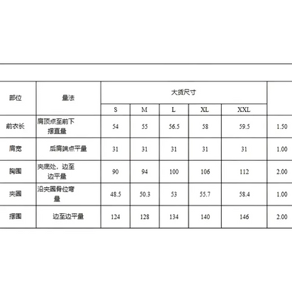 Clothing size chart.
