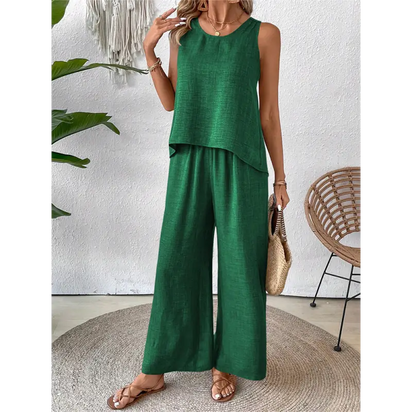 Green linen two-piece outfit.