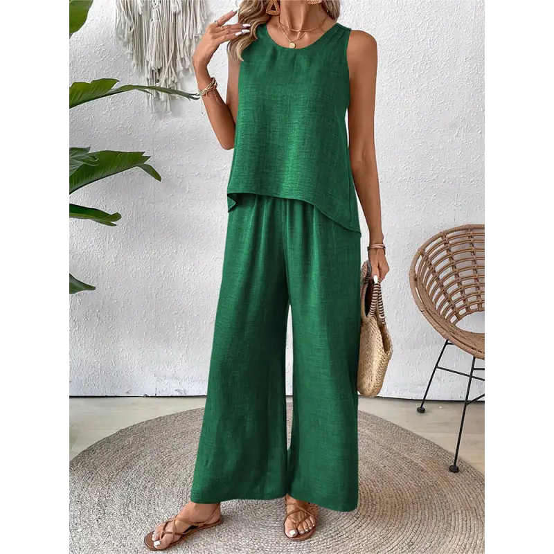 Green linen two-piece outfit.