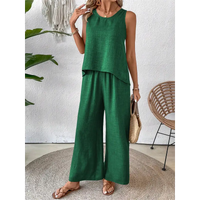 Green linen two-piece outfit.