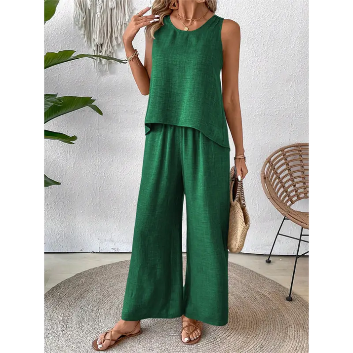 Green linen two-piece outfit.