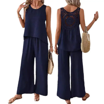 Navy blue two-piece pantsuit.