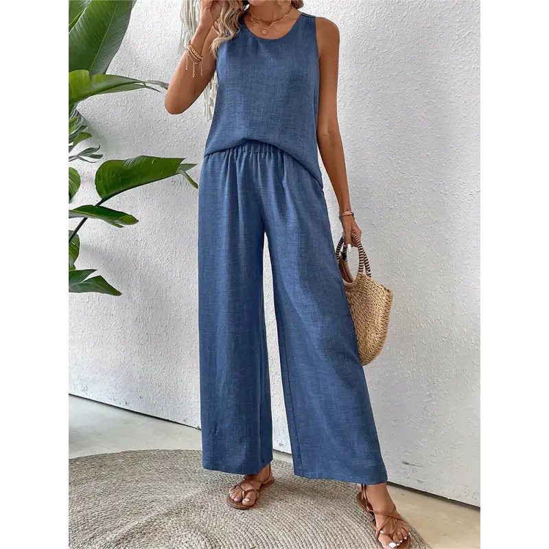 Blue linen two-piece outfit.