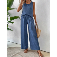 Blue linen two-piece outfit.